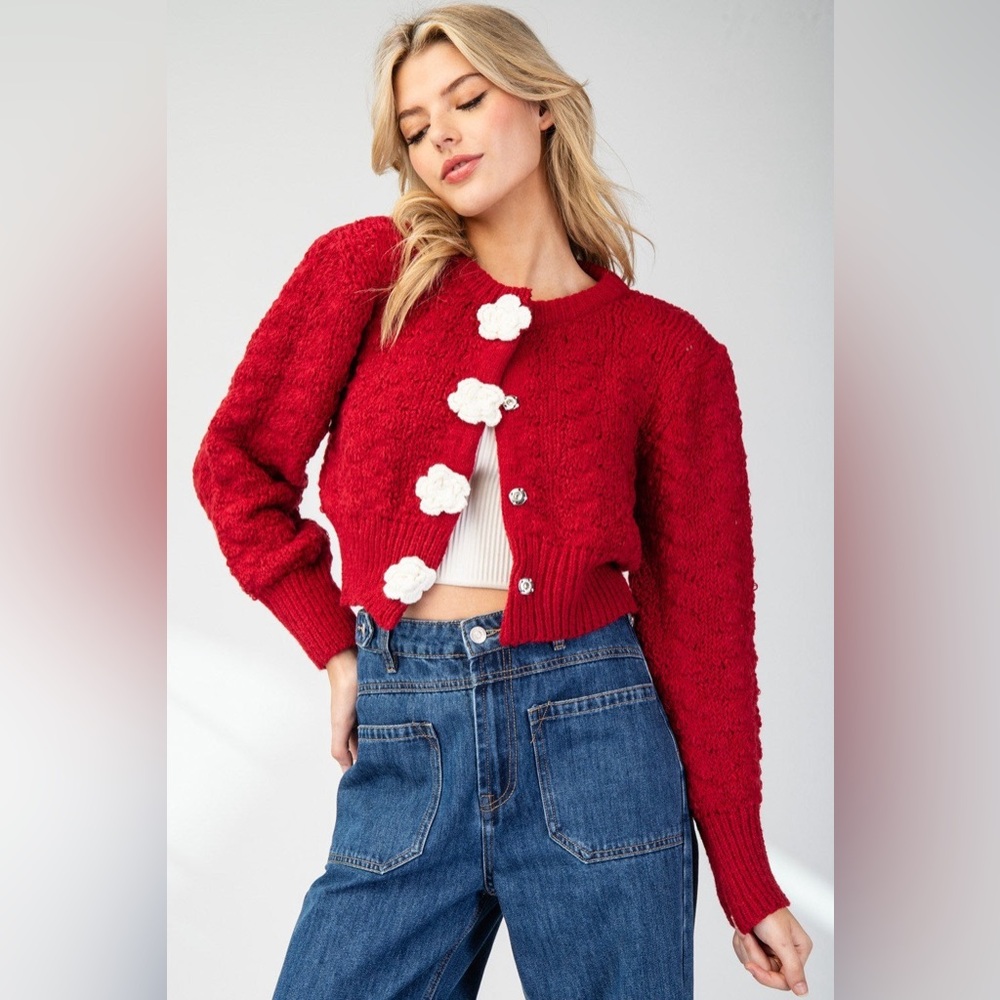 3D Flower Button Cropped Sweater Cardigan - eesome